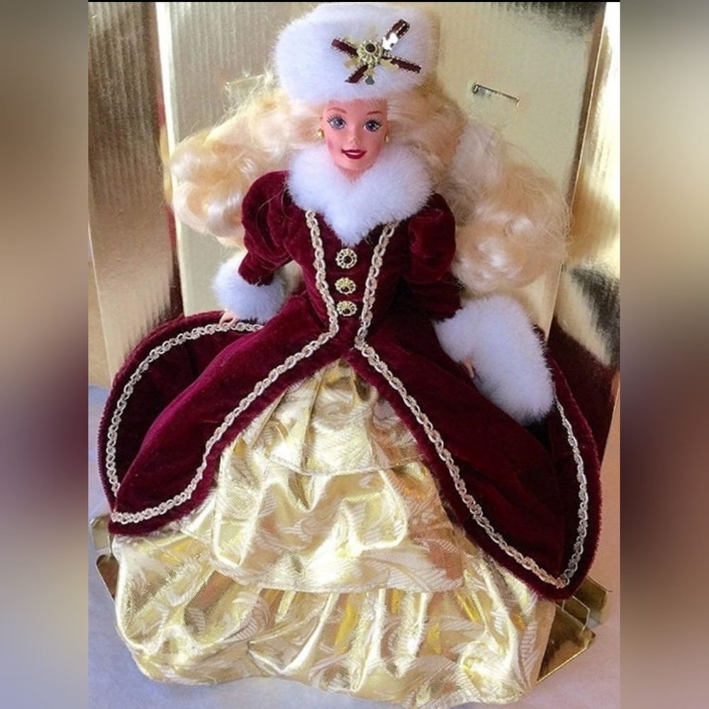 Happy Holiday 1996 Barbie Doll in Burgundy and Gold Dress